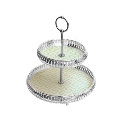 China Sustainable Plated Decorative Cake Stand Fruit Dish Food Tray Glass And Metal 2 Seats Serving Tray Stand Gold deco 17*25 cm for sale