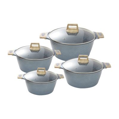 China Sustainable Kitchen Blue Marble Casserole With Lid Induction Handle Cookware Aluminum Casting Wood Soup Pot Sets Of 4 for sale