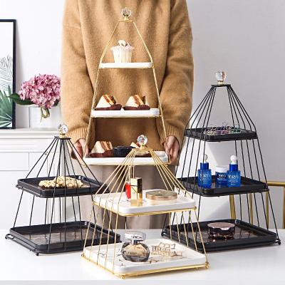 China Wholesale Square Sustainable Wire Iron Metal Shape 3 Tiers Fruit Cake Rack Deco Hanging Tray Basket with Ceramic Dish Storage for sale