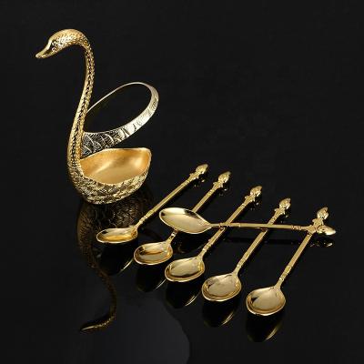 China Fashionable Ingenious Decorative Metal 6pcs Gold Swan Tea Zinc Alloy Spoon Sets Gold Silver Color for sale