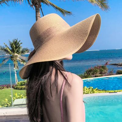 China Straw Hat Fashion Beach Hat Large Brim Straw Floppy Hat Summer Sun Paper Stock Women Wide Beach Hat for sale