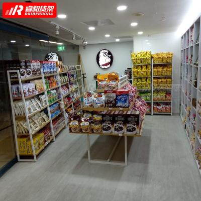 China Single Sided Fashion Popular Deli Fitted Snack Display Racks Gondola Steel Wood Laminate Display Stand for sale