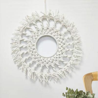 China Traditional Round Round Mirror Wall Art Makeup Mirror Mini Macrame Wall Hanging Boho Decor Macrame Mirror for Home Decor for sale