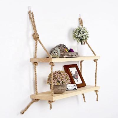 China Eco-Friendly Wooden Wall Hangers Plant Macrame Wall Shelf Macrame Rope Hemp Floating Shelf Home Decor for sale