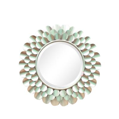 China Silver finish sunburst flower shape metal frame wall mirror with centre bevelled mirror for sale