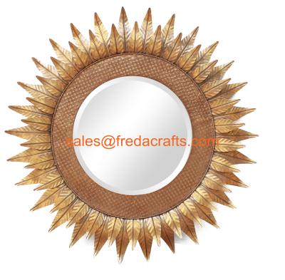 China sunflower metal framed decorative wall mirror home decoration mirror antique gold finish 100% handmade for sale