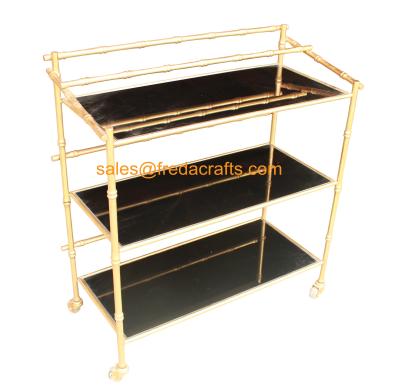 China Custome Design Gold Leaf Finish Modern Design Cheap Bamboo Iron Frame with Black Mirror Bar Cart on Wheels for sale