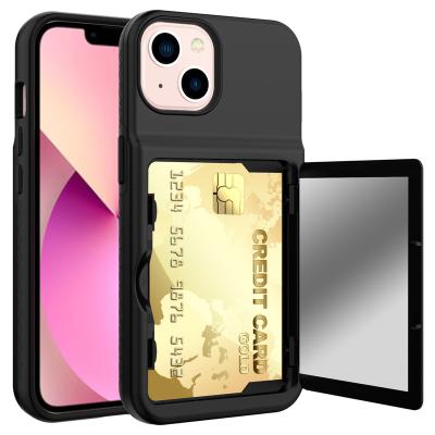 China Shockproof Shockproof Card Slot Case for iphone 14 13 12 pro max 3 in 1 hard tpu PC case for iphone 11 pro with mirror inside for sale