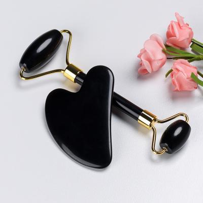 China Blood Vessels Removal Jade Stone Guasha Set Head Jade Roller Gua Sha Set Heart Shape Double Roller Set Massager for sale