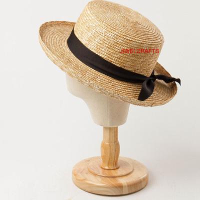 China Beach Ribbon Flat Top Hat For Kids Handmade Wheat Straw Hat For Sun for sale