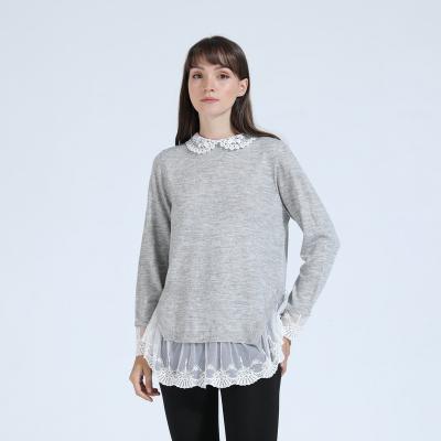 China Anti-wrinkle stylish ladies knitted gray OEM woven patchwork crew neck computer sweater women size casual breathable knitted pullover for sale