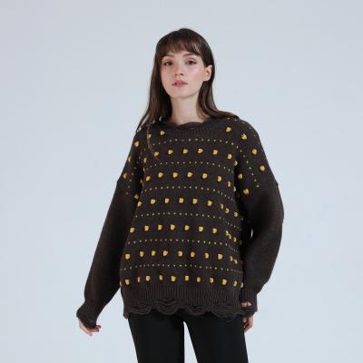 China Anti-wrinkle Ladies Yellow Stain Knit Irregular Neck Pullover Brown Recyle Quality Sweaters Women for sale