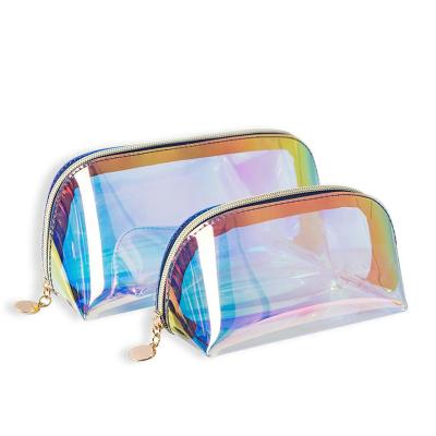 China Fashion Personalized Waterproof Laser TPU Zipper Makeup Bags For Women Girls Iridescent Holographic Travel Cosmetic Bag for sale