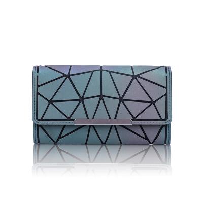 China High Quality Luminous Geometric Foldable Women Long Purse Women Holographic Iridescent Credit Card Wallet Clutch With Metal Band for sale