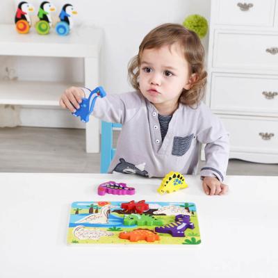 China Baby Puzzle Toy Educational Game Toy 3D Cartoon Wooden Jigsaw Puzzle Chunky Dinosaur Animal Wood Jigsaw Toy for sale