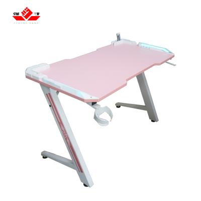 China Expandable RGB Led Dual Light Gaming Desktop Computer Table 55 Inch Pink White Gamer Desks for sale