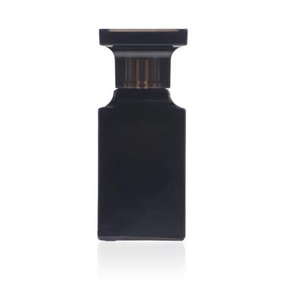 China Luxury Cosmetic Perfume Bottle 50ml Rectangle Perfume Crimp Spray Glass Empty Black Blue Red Elegant Black Bottle for sale