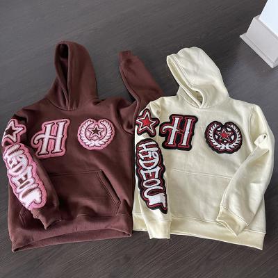 China Anti-wrinkle OEM french terry custom heavyweight hoodie pullover no string cotton patch chenille embroidered men hoodies for sale