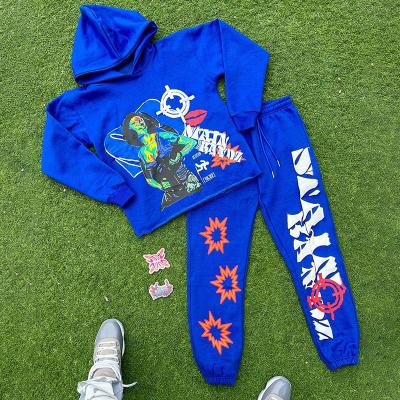 China Breathable Custom logo jogger pants sweat suit french terry cotton raw hem cropped hoodie set men tracksuit for sale