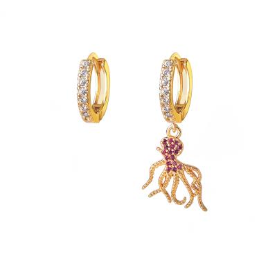 China Copper alloy fashion animal shape octopus asymmetrical huggie earring with pure zircon for sale