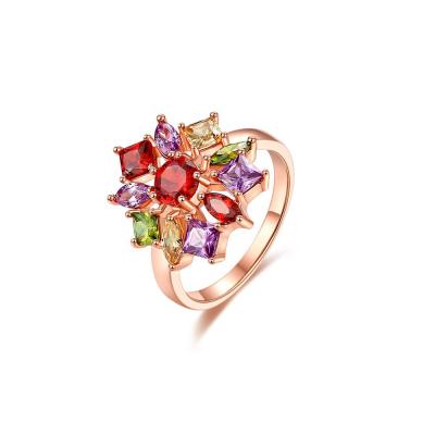 China Classic Vintage Mona Lisa Rainbow CZ Diamond Ring Rose Gold Plated Flower Ring for sale