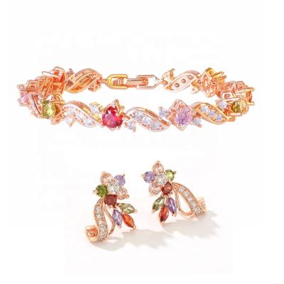 China CLASSIC Rainbow Zircon Jewelry CZ Diamond Bracelet Rose Gold Earrings Jewelry Sets for sale