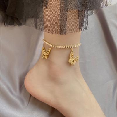 China Hot Selling FASHIONABLE Crystal Diamond Tennis Butterfly Anklet Custom Made Adjustable Gold Plated Bracelet For Women for sale