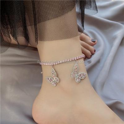 China FASHIONABLE Hot Sale Butterfly Anklet White Gold Plated Pink Zirconia Butterfly Dangle Anklet Chain for sale