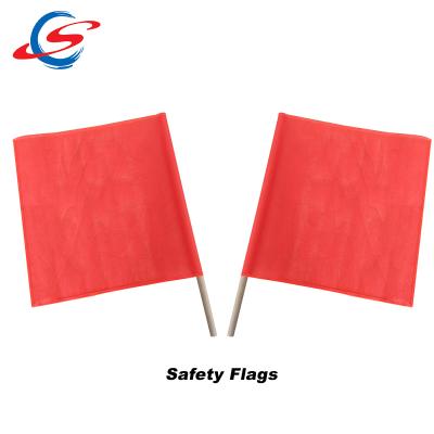 China Custom Red Orange Warning Cheap Hand Held Safety Warning Flag With Wooden Pole for sale