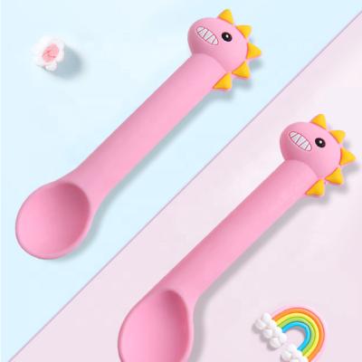 China Hot Selling Eco-freindly Amazon Silicone Food Grade Silicone Baby Toddler Shape Dinosaur Spoon and Fork Feeding Set for sale