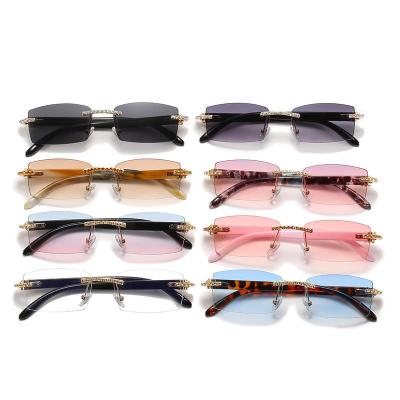 China Rimless Glass Shades Diamond Glasses Fashion Women Mens Sun Glasses Rhinestone Luxury Square Buffalo Wood Horn Sunglasses for sale