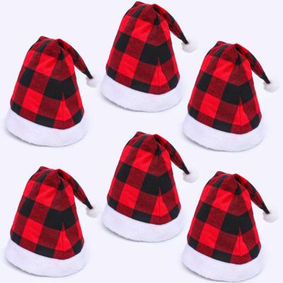 China Christmast Ornament BSCI OEM Merry Christmas Home Party Decorations Santa Hat Plaid Christmas Red Black Hat For Adults for sale