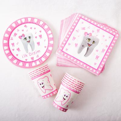 China Party Decoration Teeth Party Supplies Pink Teeth Paper Plates Paper Cups Cutlery Baby Birthday Paty Costume for sale