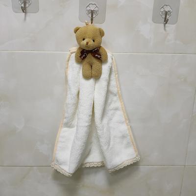 China Cute Coral Multifunctional Kitchen Fleece Microfiber Bear Cleaning Cloth Hanging Hand Towel Super Absorbent Safe For Children Thickening Small for sale