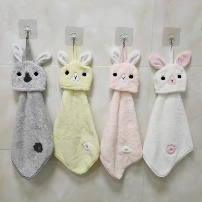 China Child Safe Coral Fleece Cute Rabbit Embroidered Microfiber Christmas Household Cleaning Small Hand Towel for sale