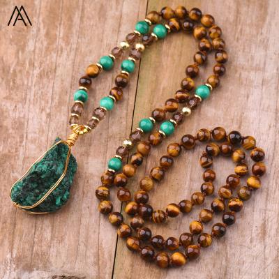 China Natural Raw BOHEMIA Malachite Healing Tigers Eye Meditation Mala Necklace 108 Bead Yoga Necklace For Women Gift for sale