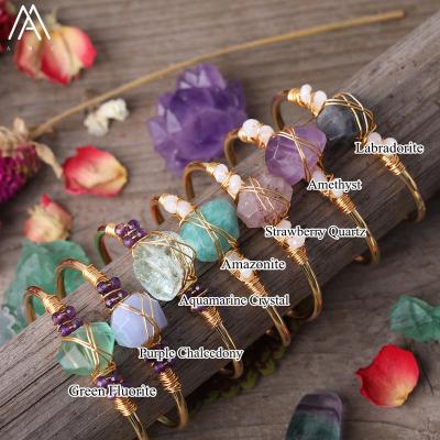 China FASHIONABLE Natural Crystal Stone Nugget Beads Bracelets Wire Wrapped Open Gold Cuff Copper Bracelets for sale