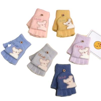 China LIANSHOU Jacquard Factory Children's Winter Plus Warm Fleece Half Finger Gloves With Flip Knit Cover And Raccoon Cartoon Jacquard Design for sale