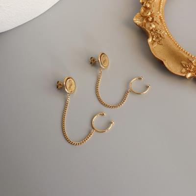 China TRENDY Light luxury personalized coin carving Queen face long tassel splicing C shaped dropping earring for sale