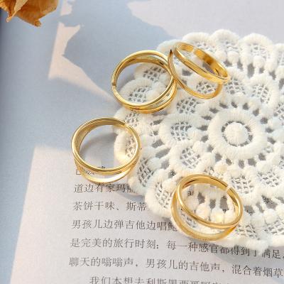 China TRENDY Versatile double layer stainless steel gold plated line dome hollow open design finger ring for sale