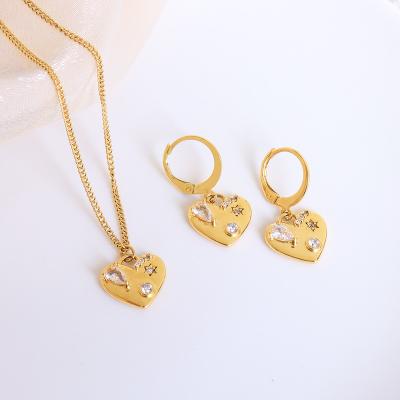 China Retro Trendy Style Cold Heart Inlaid Heart Inlaid Zirconia Circle Dangle Drop Earrings Necklace Thin Chain Jewelry Set for sale