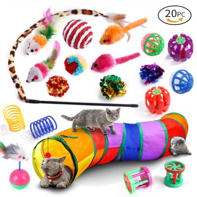 China 2021 Amazon Viable Hot Funny Pack 20pcs Cat Toy Sets Funny Cat Toys Set Cat Tunnel Toy Feather Sale for sale