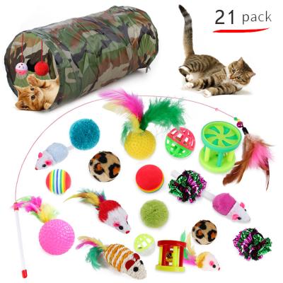 China 2021 Amazon Viable Hot Funny Pack 21pcs Cat Toy Sets Funny Cat Toys Set Cat Tunnel Toy Feather Sale for sale