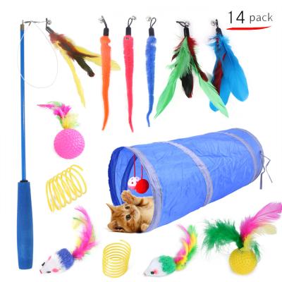 China Viable Cat Toys Amazon Hot Sale 14PCs Pack Bulk Interactive Pet Feather Ball Tunnel Mouse Cat Toy Set for sale