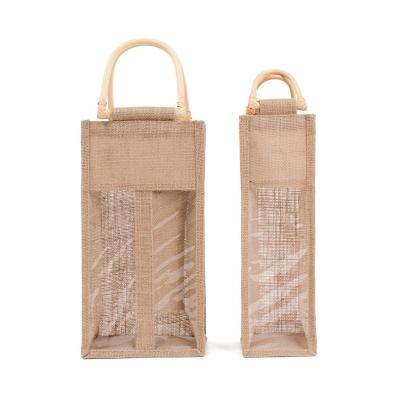 China Customized Eco-friendly Tote Bag With Print Logo Vintage Hemp Window Wine Bag Eco-friendly Eco-friendly Natural Reusable Jute Color Transparent Bag for sale