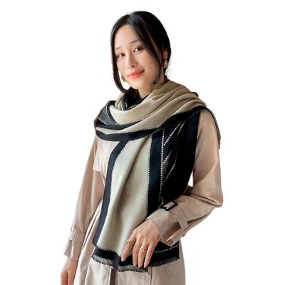 China Autumn And Winter Long Velvet Cashmere Feeling Pure Thick Smooth Soft Scarf Women Color Matching Knitted Shawl for sale