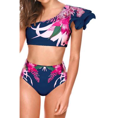 China Breathable Wholesale One Shoulder Floral Print Ruffle Sleeve Swimwear Women Swimwear High Waist Bikini for sale