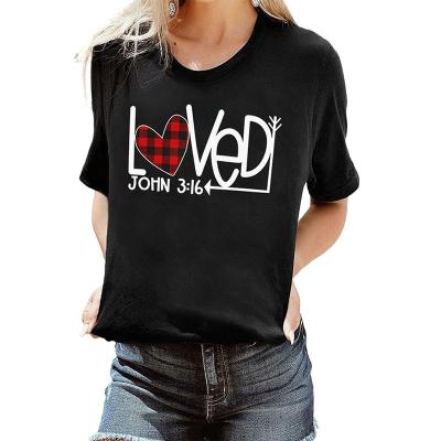 China New Design Anti-wrinkle Valentines Day Women's T-shirts Plaid Heart Print O-Neck Black T-Shirt for sale