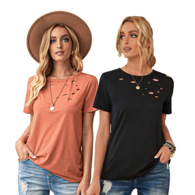 China Wholesale Anti-wrinkle Women's T-shirt Solid Color Crew Neck Short Sleeve Ripped T-shirt for sale