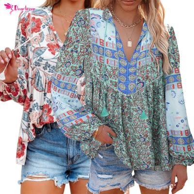 China Anti-pilling Women Long Sleeve Tops Slit Neck Bubble Sleeve Patchwork Floral Tunic Tops Blouse for sale